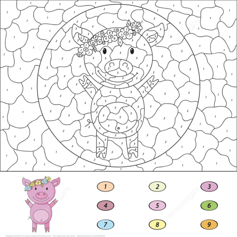 Cartoon Pig Color By Number Coloring Page